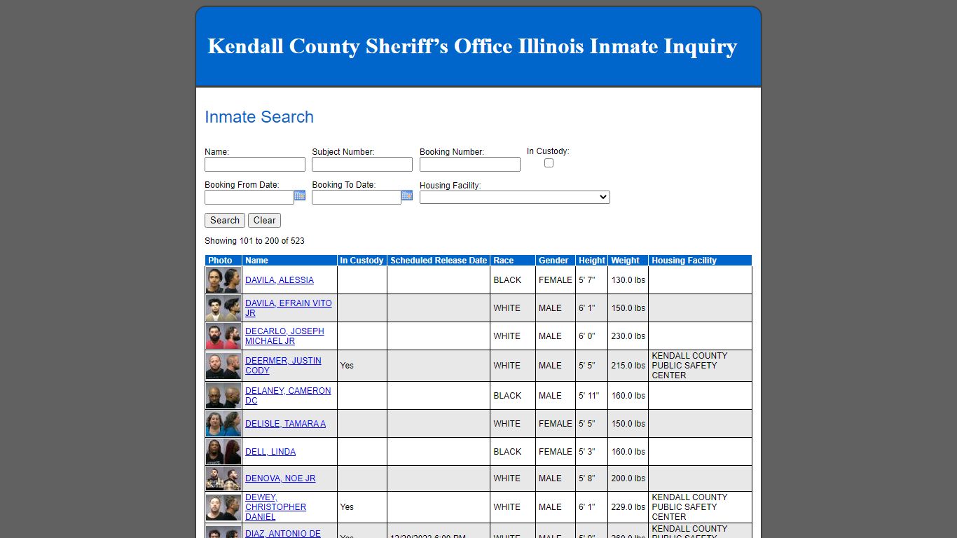 Kendall County Sheriff’s Office Illinois Inmate Inquiry - Inmate Search