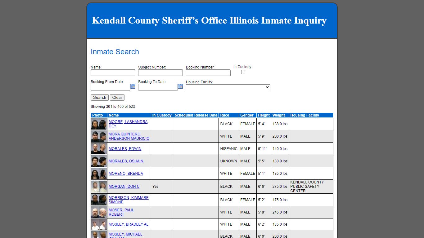 Kendall County Sheriff’s Office Illinois Inmate Inquiry - Inmate Search